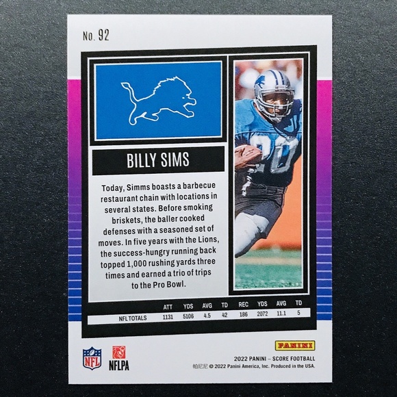 Billy Sims - 2022 Score #92 - Picture 2 of 2